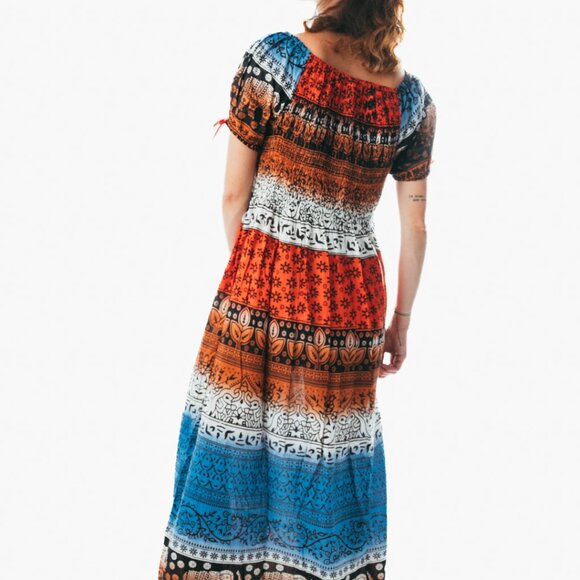 Colorful peasant maxi dress short sleeve off shoulder boho summer floral tie dye - Picture 4 of 5